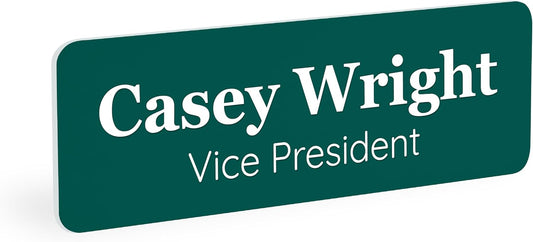 ExcelMark Custom Name Tag - Engraved Name Badge with Pin or Magnetic Backing, 16 Colors, 6 Fonts, and 2 Sizes to Choose from (Green w/White Letters, 1"x 3")