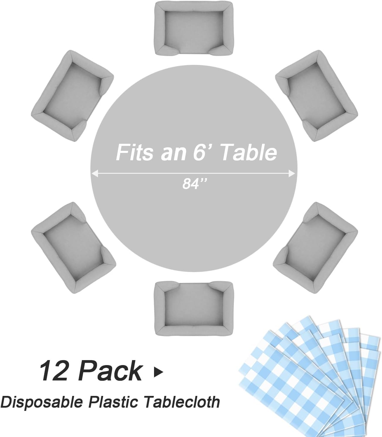 QIKSION Blue Gingham Round Tablecloth 12 Pack, 84 Inch Plastic Checkered Table Cover Disposable for Parties