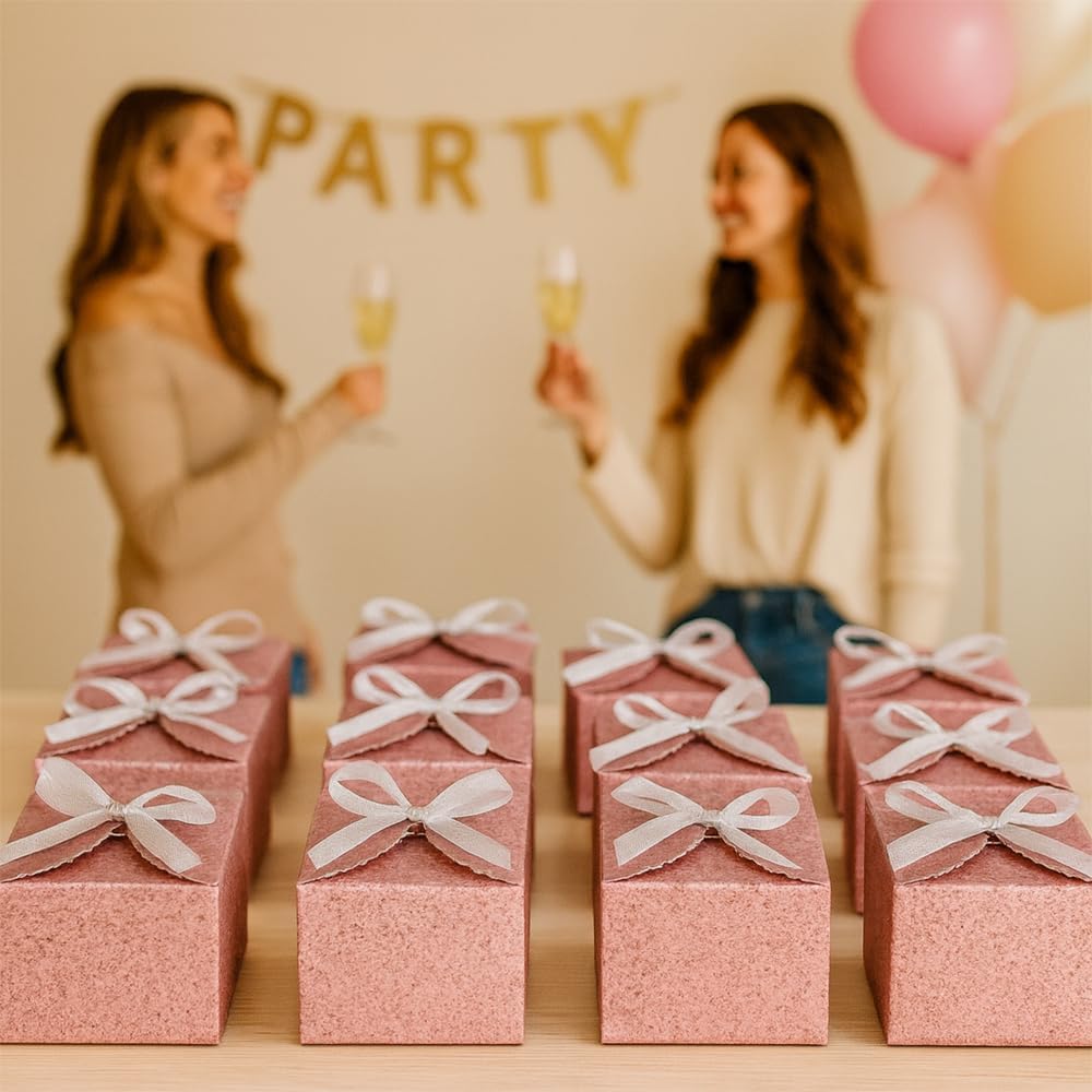 WEWILUCK Pink Glitter Gift Boxes – Foldable Paper Boxes with Ribbon-Tied Lids, Set of 10, Sparkly Present Boxes for Weddings, Bridesmaids, Birthdays, Baby Showers, Party(4.75x4.75x3.53)