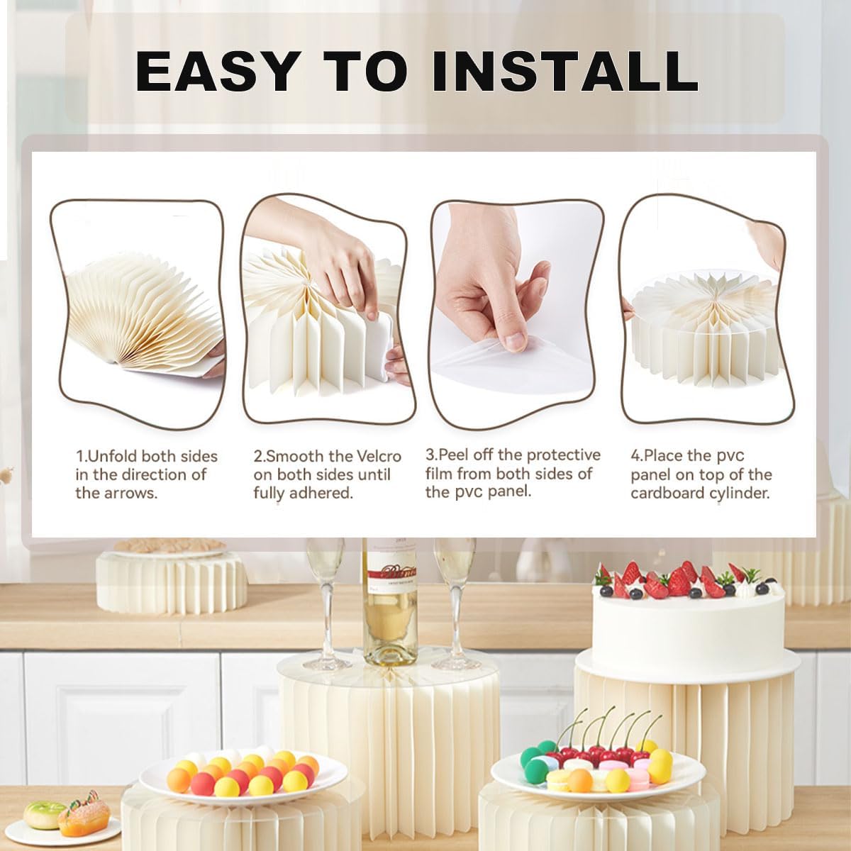 Albassa 4 PCS Buffet Risers Food Risers for Buffet Table Foldable Cardboard Food Display Stands with PVC Plates for Party Wedding Show Catering Desserts Jewelry (White, 4 PCS)