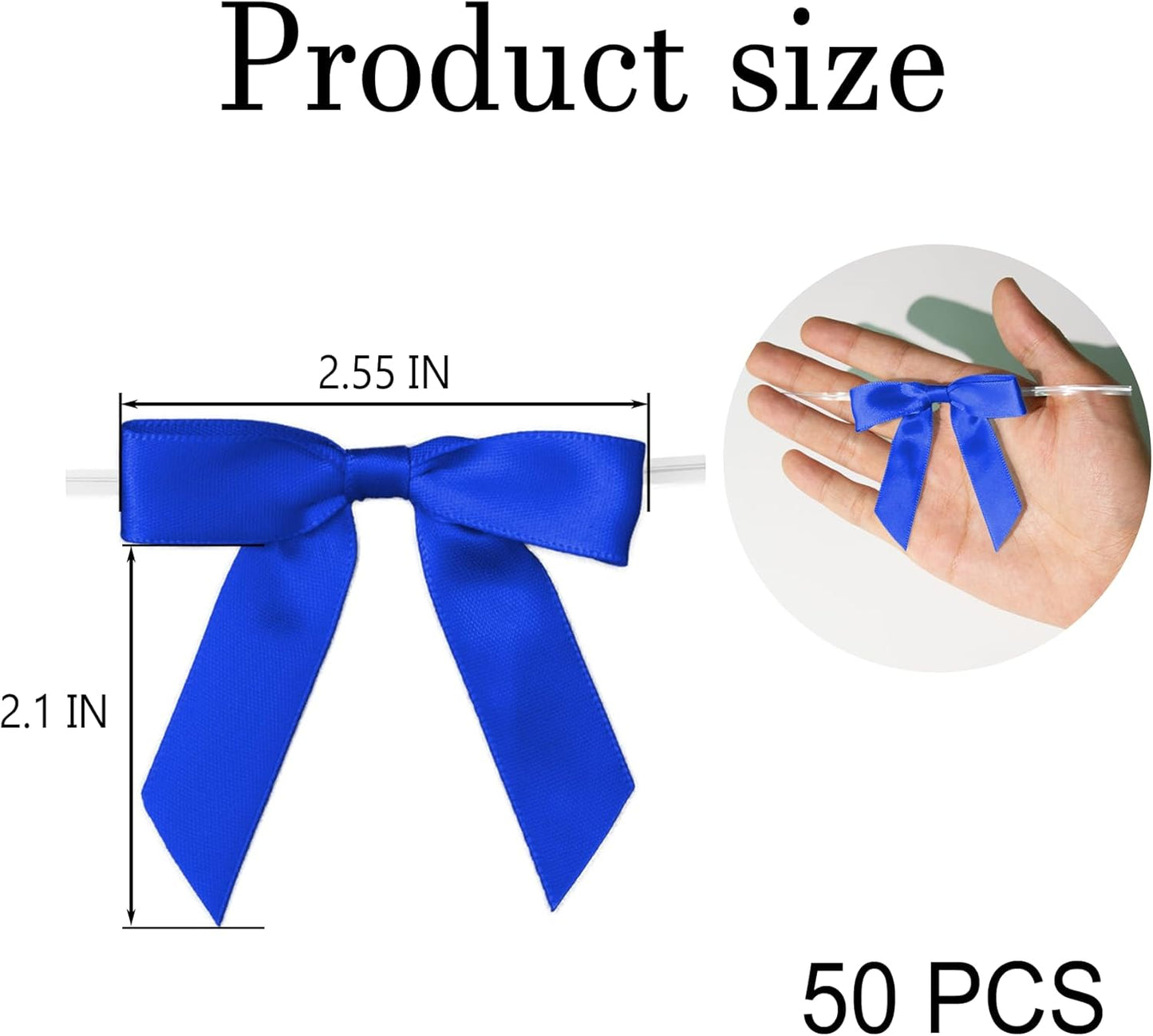 50Pcs Royal Blue Twist Tie Bows for Gift Wrapping 2.5" Satin Ribbon Bow for Treat Bags Balloons Birthday Party Favors Wedding Decorations