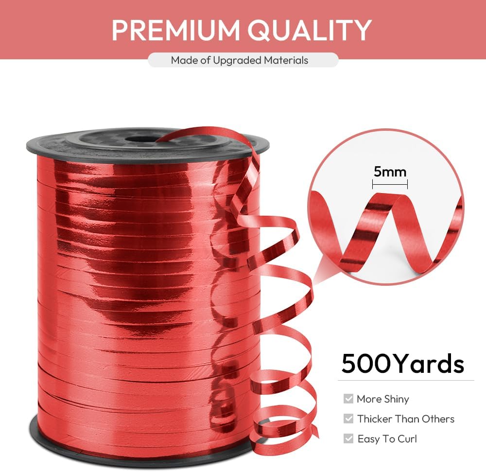 Red Curling Ribbon, 1/5" Wide x 500 Yards Christmas Curling Ribbons for Gift Wrapping, Party Decoration, Balloon String, Hair, Ribbons for Florist Flower (1 Roll)