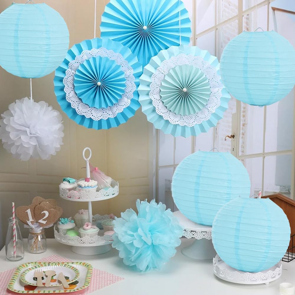 BEISHIDA 10-Inch Light Blue Round Paper Lanterns Decorative Hanging Asia Chinese Japanese Paper Lanterns Lamp for Birthday Wedding Baby Shower Home Decor Party Decoration（6 Packs）