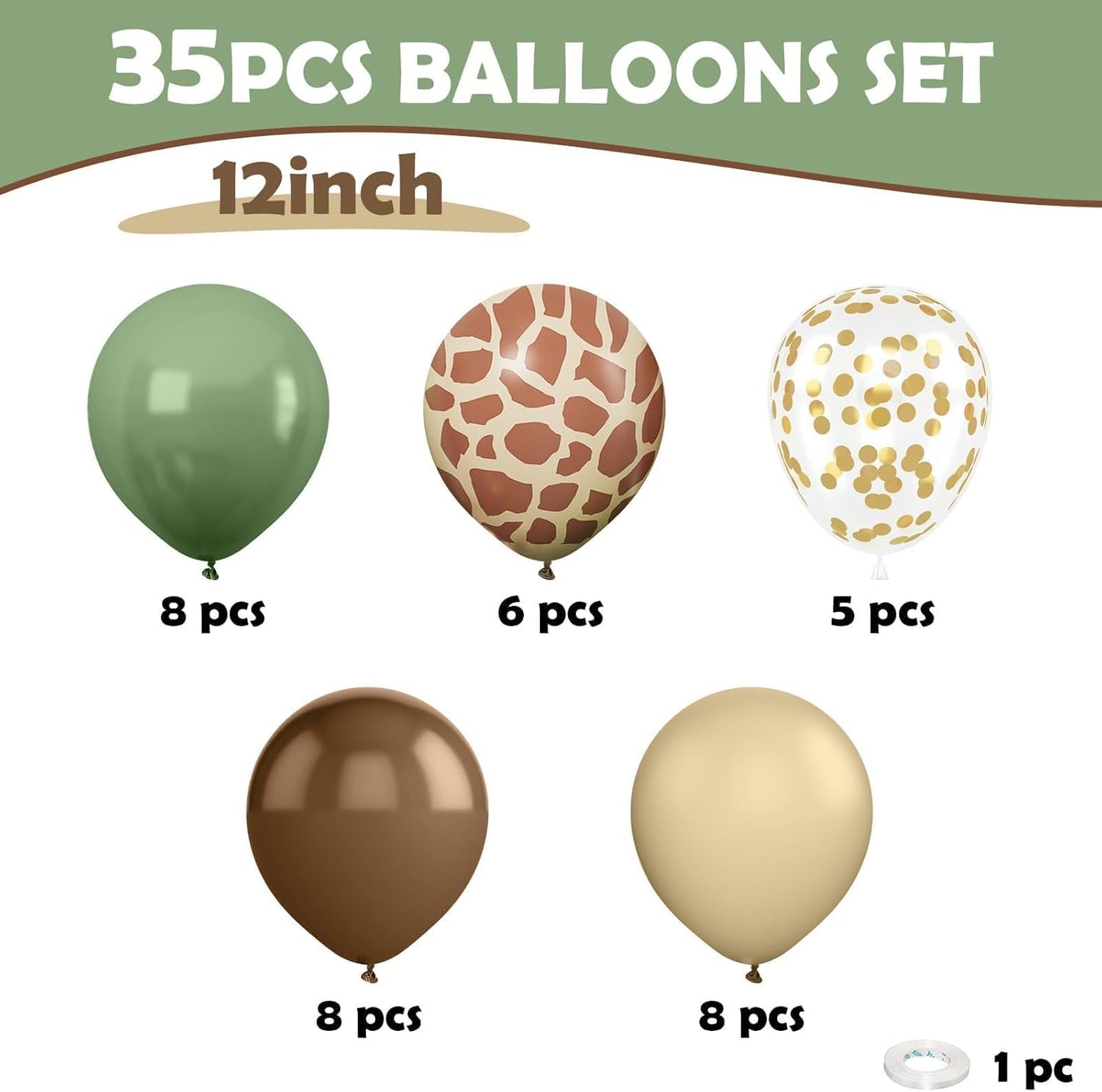 Green and Brown Balloons, 12 Inchs Sage Green Deer Print Gold Confetti Balloons for Kids Woodland Baby Shower Decorations Safari Jungle Dinosaur Theme Birthday Party Wedding Grauation Supplies