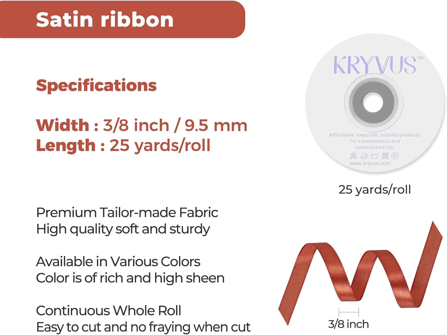 Copper Satin Ribbon 3/8 inch X Continuous 25 Yards, Single Face Polyester Ribbon Perfect for Gift Wrapping, Flower Bouquet, Wedding Decor, Crafts, Bow Making, Sewing and More