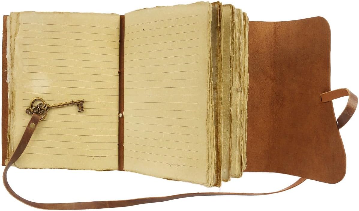 Leather Journal with Lined and Unlined Deckle Edge Paper 8x6 inch and Vintage Key | Handmade Writing Notebook Diary | Bound Daily Notepad for Men & Women Medium, Sketch/Writing pad for Artists
