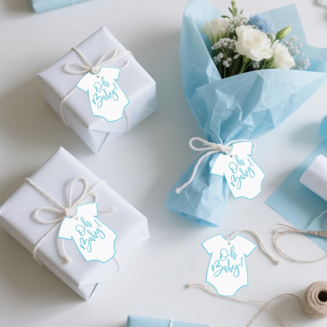 100Pcs Gift Tags with String Oh Baby Sign Blue Baby Clothes Large Gift Tags with 65 Ft Jute Twine Cute Tags White Paper Gift Tag for It's a Boy Gender Reveal Baby Shower Party Gift Wrap Tag