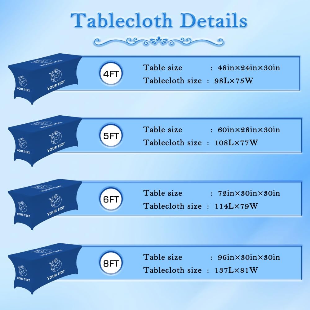Custom Table Cloth with Business Logo 4FT 5FT 6 FT 8 FT Spandex Customized Table Cover Stretch for Tradeshow Events Birthday Wedding Anniversary Mantel Personalized Table Cloth (6FT)