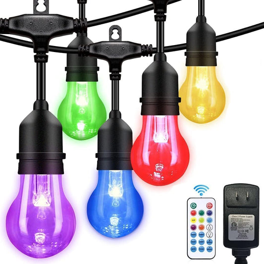 35FT Outdoor String Lights, 16 Shatterproof Edison Bulbs, Dimmable RGB Color Changing Patio Lights with Remote. Solar-Powered & Waterproof for Garden Commercial LED Decorative Lighting.