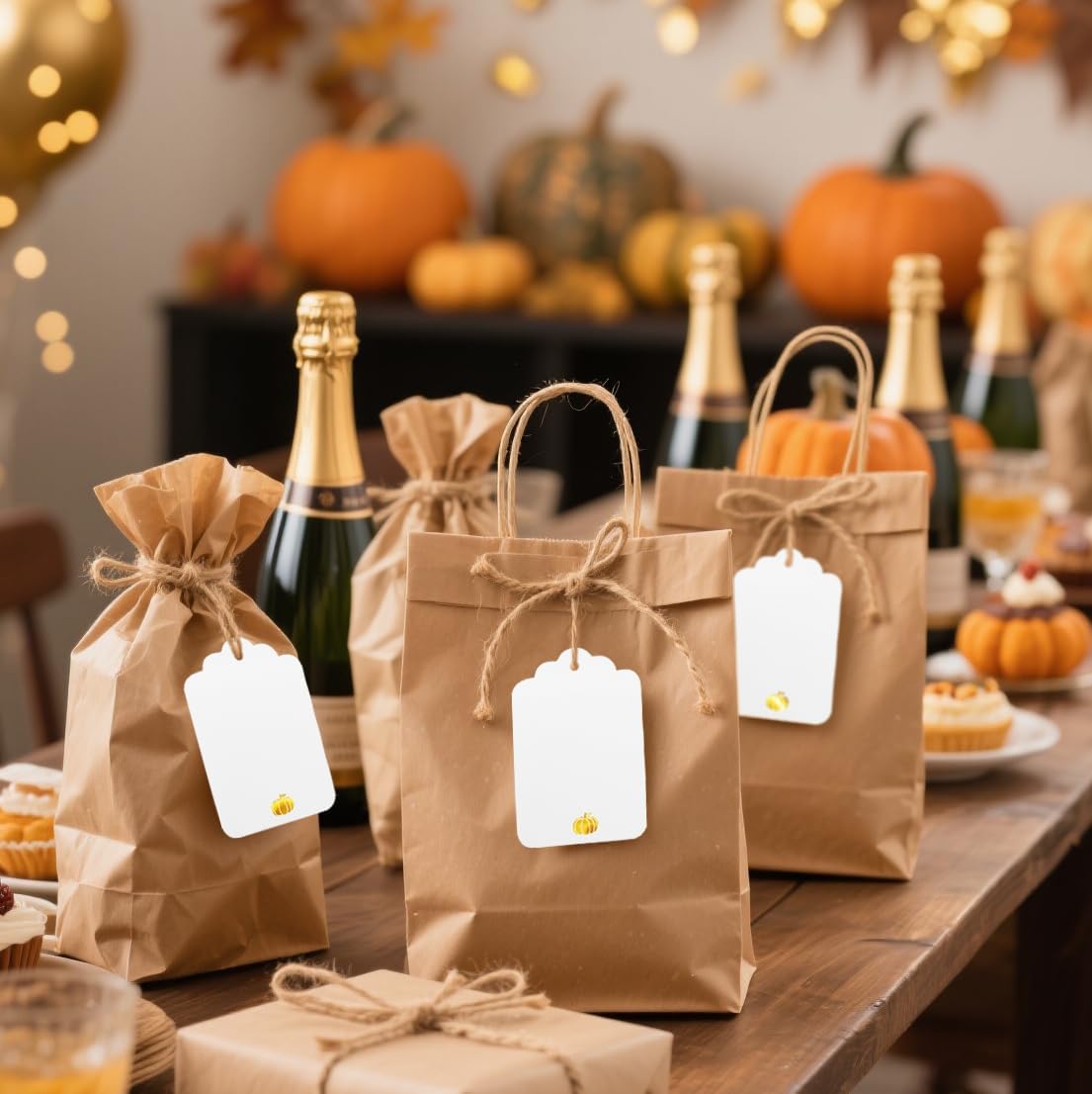 100 Pcs Blank Gift Tags with String Gold Foil Pumpkin Large White Paper Gift Tags with 65 Ft Jute Twine Cute Tags for Halloween Autumn Fall Harvest Thanksgiving Gift Wrap Tags