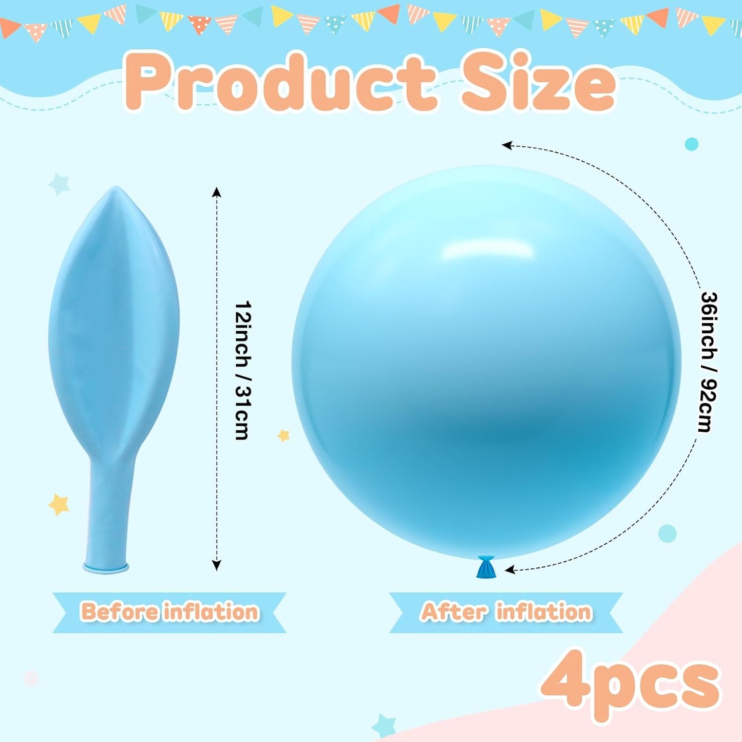 Giant Balloons 36 inch, 4pcs Jumbo Large Latex Pastel Blue Balloons for Birthday Baby Shower Party Decorations.