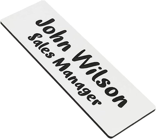 Custom Engraved Name Tag Badges for Business, Personalized Identification with Pin, Magnetic, Adhesive, or Blank Backing, 1"x3", White/Black Text