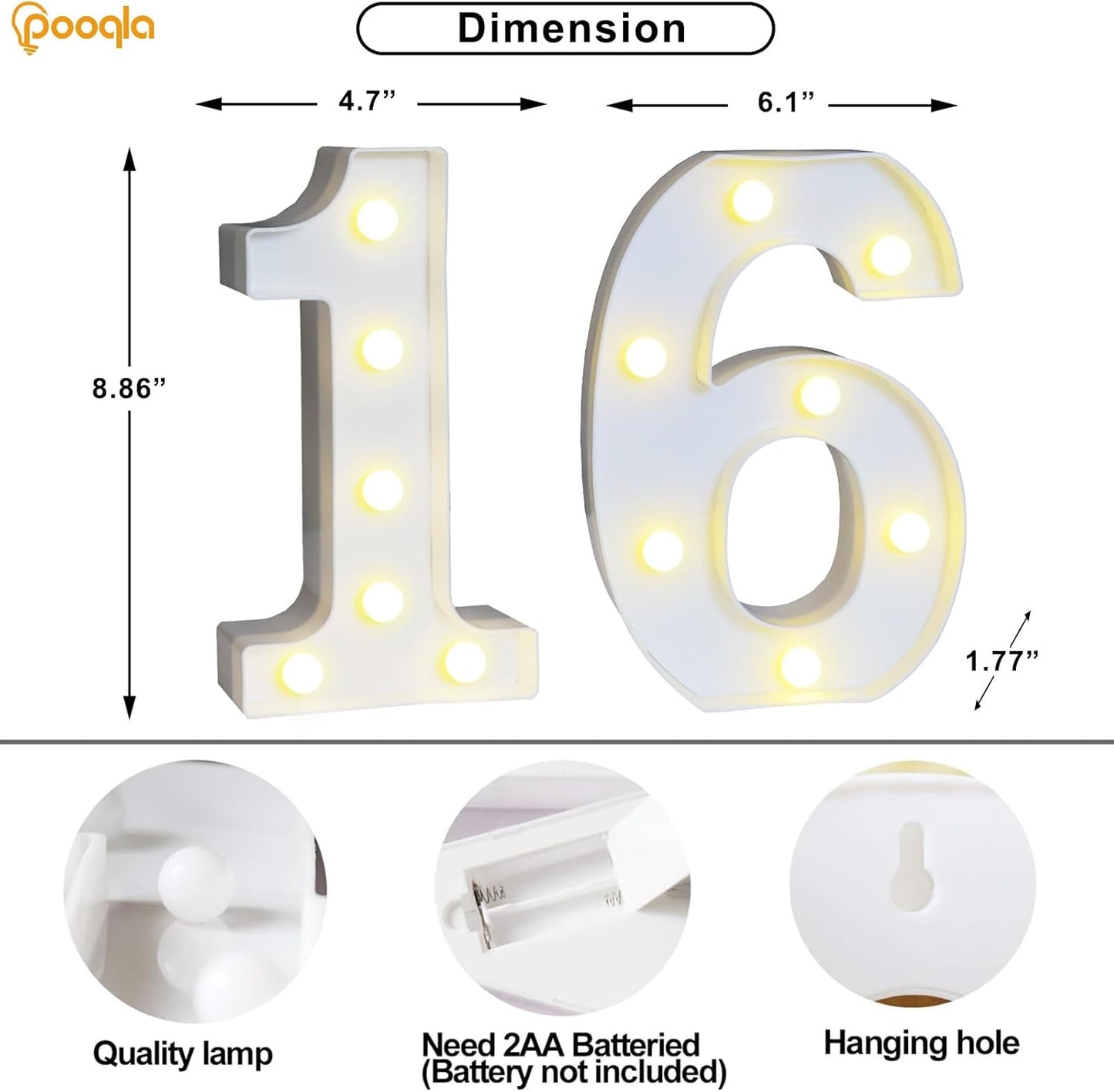 Pooqla 16th Birthday Decoration for Girls Boys, Decorative LED Light Up Numbers, Marquee Numbers 16 Sign for Teen Party Backdrop 16th Wedding Anniversary Decor, Warm White and Cool White Number 16