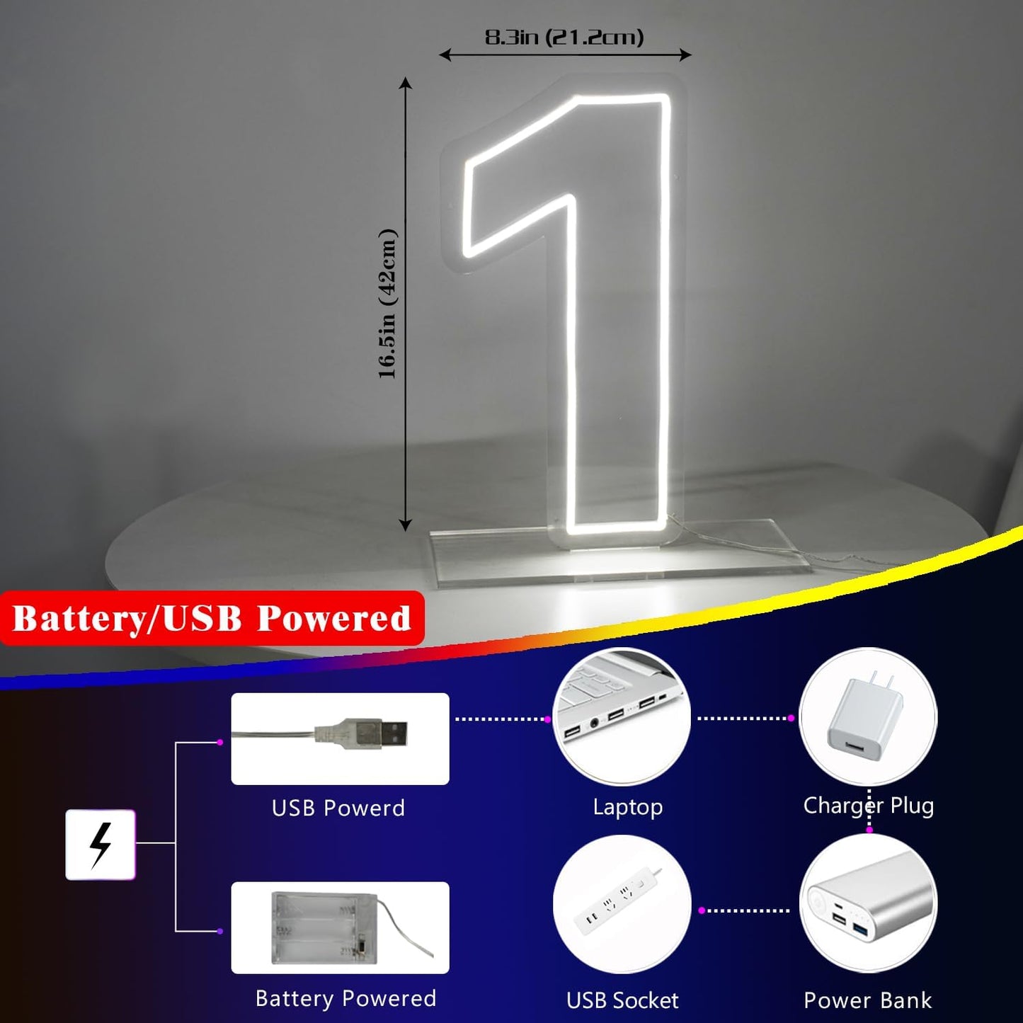 Number 1 Neon Sign for First Birthday, 16.54" Cool White USB Battery Powered One Neon Sign for Party Wedding Anniversary Decor Light Sign (Number 1)