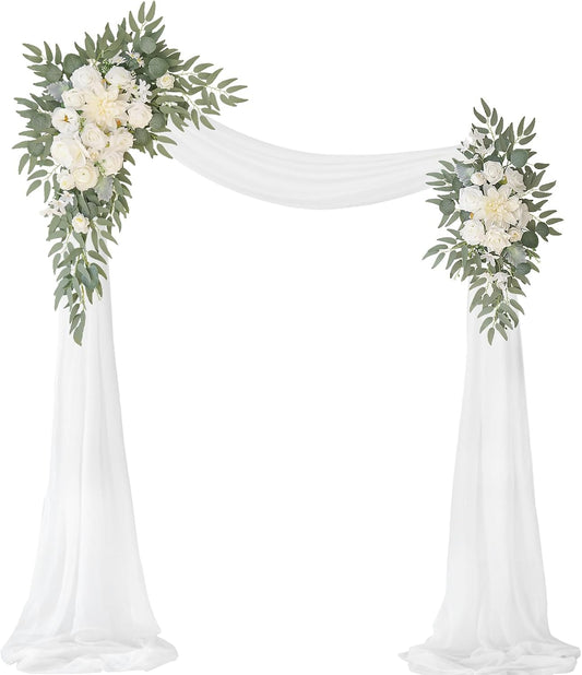 Artificial Wedding Arch Flowers Kit(Pack of 3),2Pcs Artificial Flower Arch Decor,1Pcs Sheer Drape for Wedding Ceremony Arbor for WeddingCeremony (White Rose Wedding)