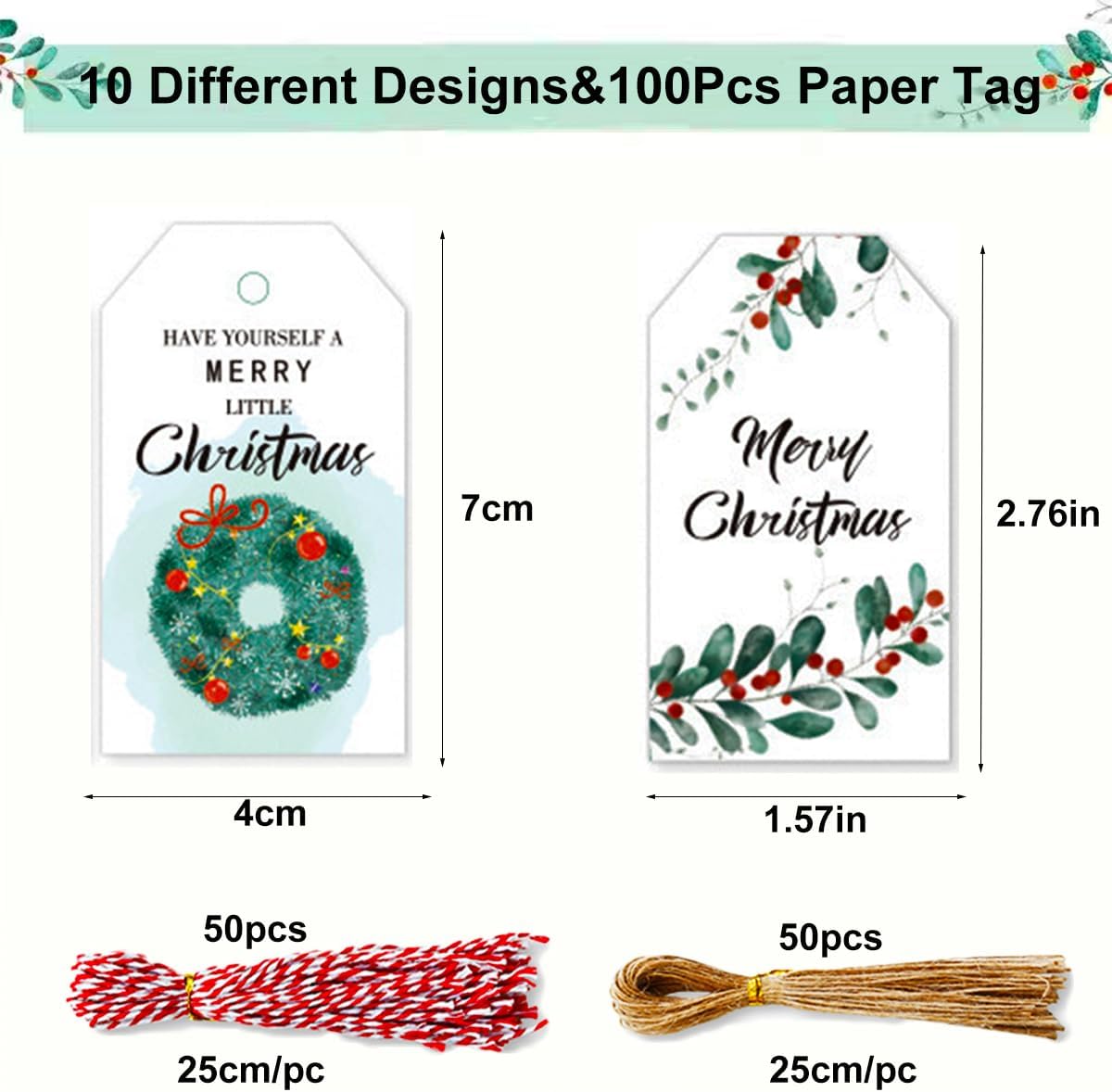 100 Pack Beautiful Christmas Gift Tags， Xmas Beautiful Gift Tags with Jute Twine Baker Twine for DIY Xmas Holiday Present Wrap Stamp and Label Package Name Card