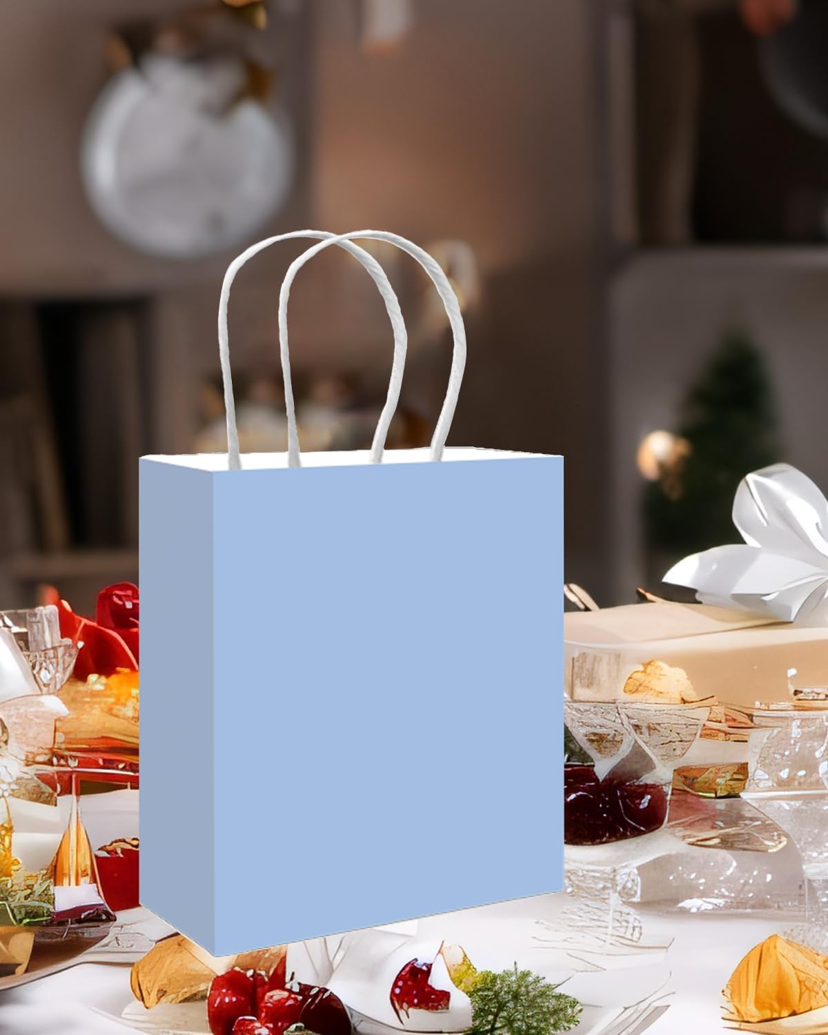 qiqee 50-Packs Light Blue Paper Gift Bags with Handles Bulk 11"x8.3"x4.3" Medium Size Paper Bags Multiple Uses