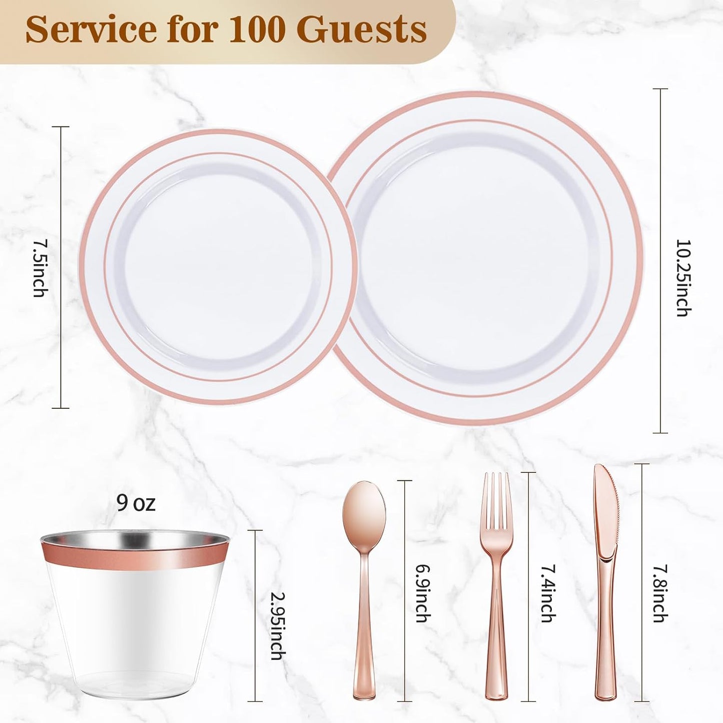 BESTVIP 600PCS Plastic Dinnerware Set (100 Guests), Rose Gold Disposable Plates for Party, Wedding, Christmas, Anniversary, Includes: Dinner Plates, Dessert Plates, Cups, Spoons, Forks and Knives