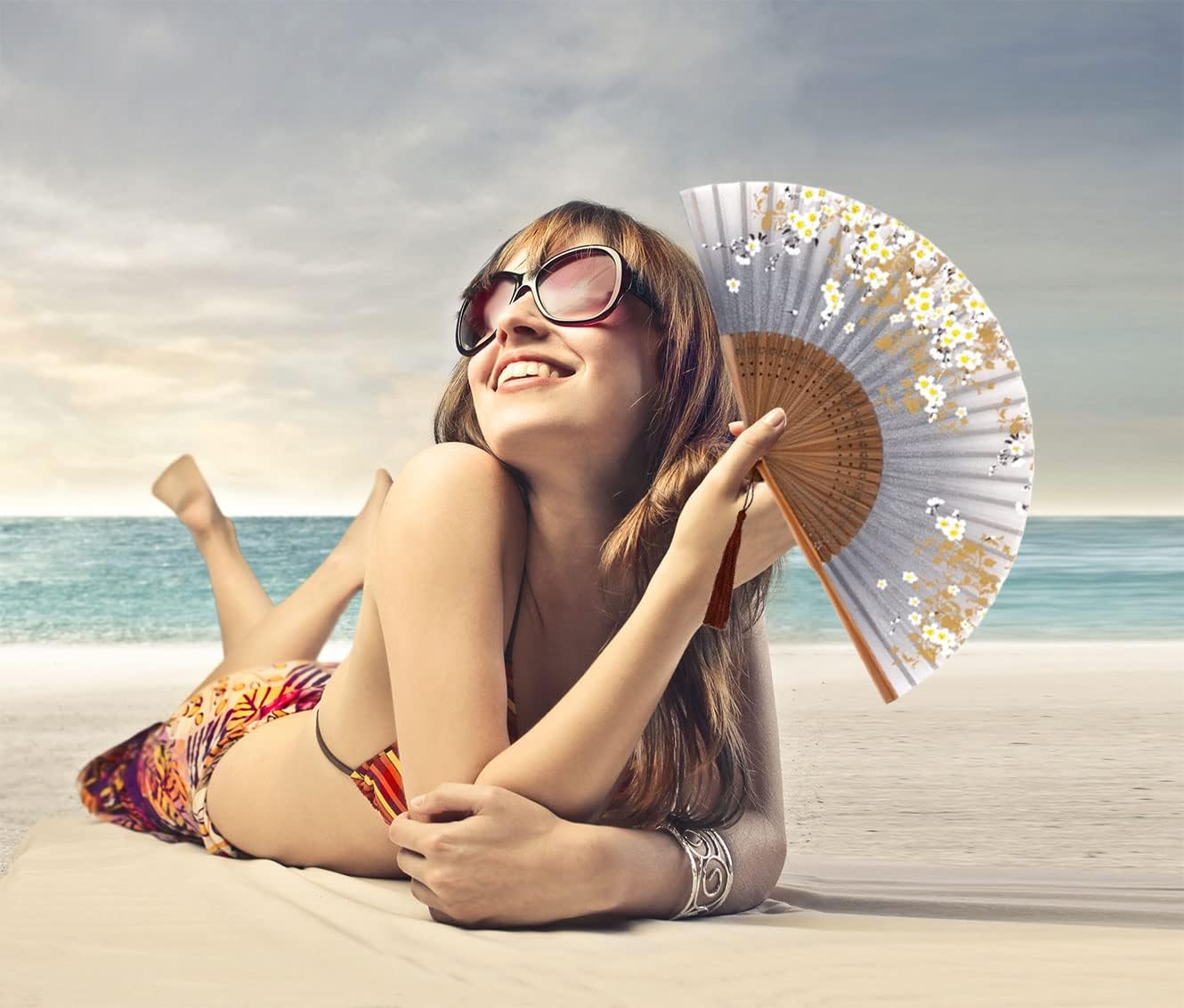 Amajiji Small Folding Hand Fan for Women, Chinese Japanese Vintage Style Bamboo Silk Fans for Party Wedding Dancing Decoration Gift Performance (AM-13)