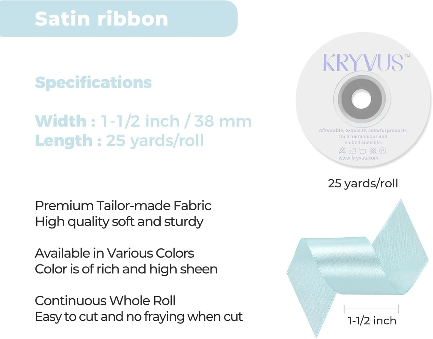 Light Blue Satin Ribbon 1-1/2 inch X Continuous 25 Yards, Single Face Polyester Ribbon Perfect for Gift Wrapping, Flower Bouquet, Wedding Decor, Crafts, Bow Making, Sewing and More