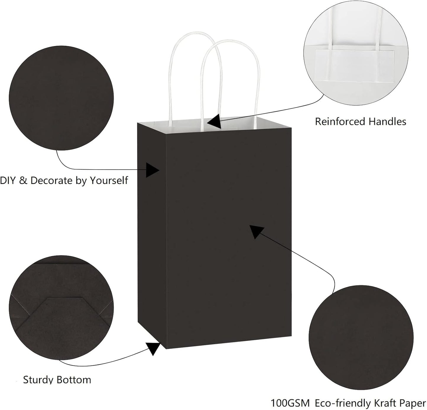 Toovip 50 Pack 5.25x3.25x8.25 Inch Small Black Kraft Paper Bags with Handles Bulk, Gift Wrap Bags for Favor Grocery Retail Party Birthday Shopping Business Goody Craft Merchandise Take Out Cub Sacks