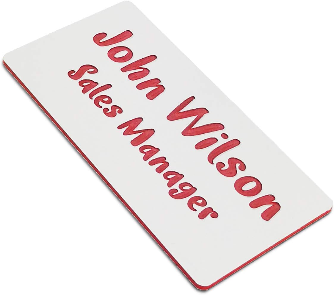 Custom Engraved Name Tag Badges for Business, Personalized Identification with Pin, Magnetic, Adhesive, or Blank Backing, 1.5"x3", White/Red Text