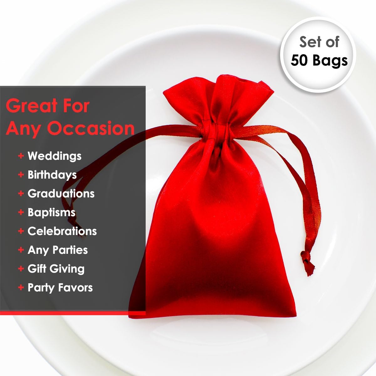 3" x 4" Red Satin Gift Bags, Jewelry Bags, Wedding Favor Silky Drawstring Baby Shower Christmas 50 per Pack