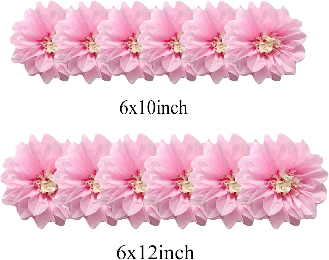 12pcs 10in 12in Paper Flowers Tissue Flowers Pom Paper Pom Poms Hanging Paper Flowers Wall Backdrop Wedding Party Flower Decorations DIY Art Craft Blooms for Birthday Baby Shower Nursey Decor Pink