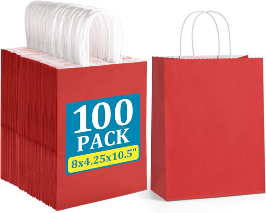 BagDream 8x4.25x10.5 Inch 100Pcs Red Gift Bags Medium Size, Kraft Paper Bags with Handles Bulk for Wedding, Party Favors, Business, Christmas, Grocery Paper Sacks