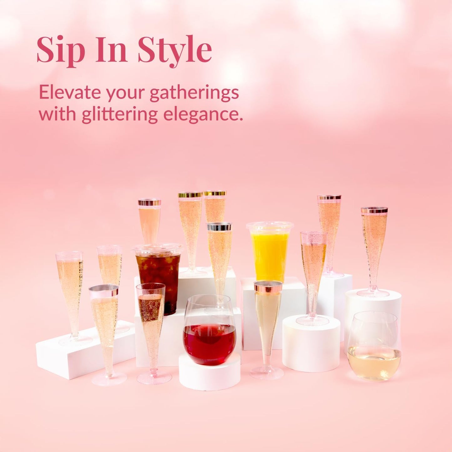 Prestee 200 Disposable Champagne Flutes Gold Glitter Glasses - 4.5 Oz Plastic Champagne Cups for Parties, Wedding Toasts, Mimosa Bar, and New Year’s Eve - Elegant Bulk Gold Plastic Wine Flutes