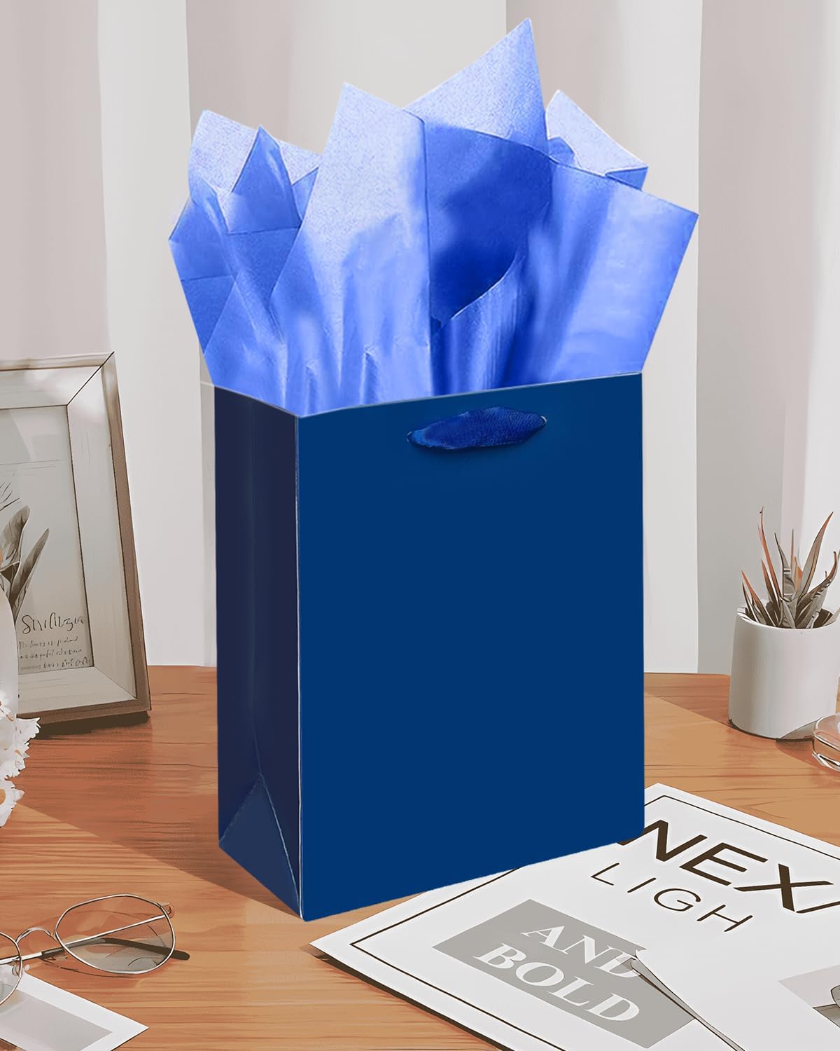Gcardist Nordic Blue Gift Bags with Tissue Paper for Wedding, Birthday, Party Supplies - 7.9"x4.3"x9.6" Medium Size Cardboard Gift Bags (5pcs + 10pcs Tissue Paper)
