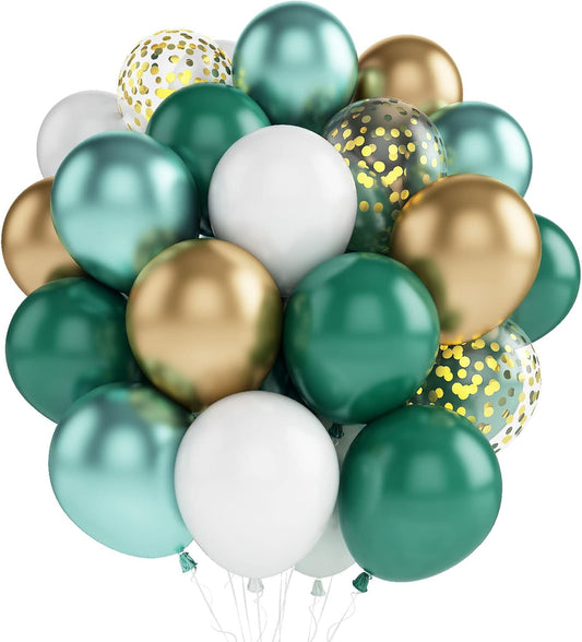 Metallic Green Gold Balloons, 60 Packs 12 Inch Dark Green White Gold Latex Balloons with Ribbons for Wedding, Anniversary, Birthday, Baby Shower, Jungle Sarfari Party