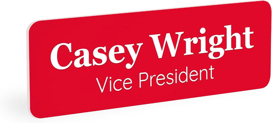 ExcelMark Custom Name Tag - Engraved Name Badge with Pin or Magnetic Backing, 16 Colors, 6 Fonts, and 2 Sizes to Choose from (Red w/White Letters, 1"x 3")