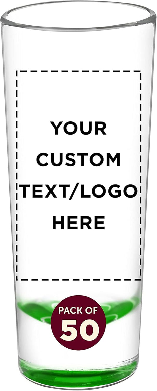 Custom Cordial Shooter Shot Glasses 2 oz. Set of 50, Personalized Bulk Pack - Great for Birthdays, Parties, Indoor & Outdoor Events - Green