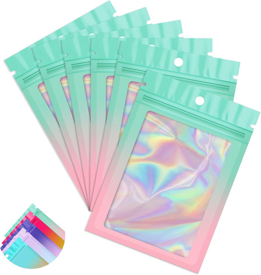 Funfery 100 Pack Gradient Holographic Bags,Mylar Resealable Bags with Zipper,Clear Window Packaging Pouchs,Smell Proof Foil Bag for Food Storage,Sample Jewelry Bag(2.7x3.9In,Green Pink)