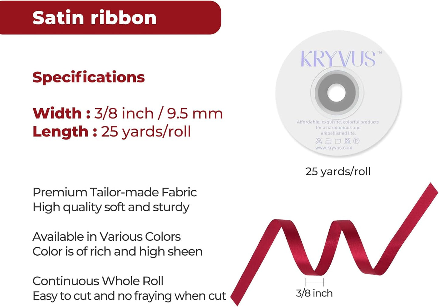 Scarlet Red Satin Ribbon 3/8 inch X Continuous 25 Yards, Single Face Polyester Ribbon Perfect for Gift Wrapping, Flower Bouquet, Wedding Decor, Crafts, Bow Making, Sewing and More