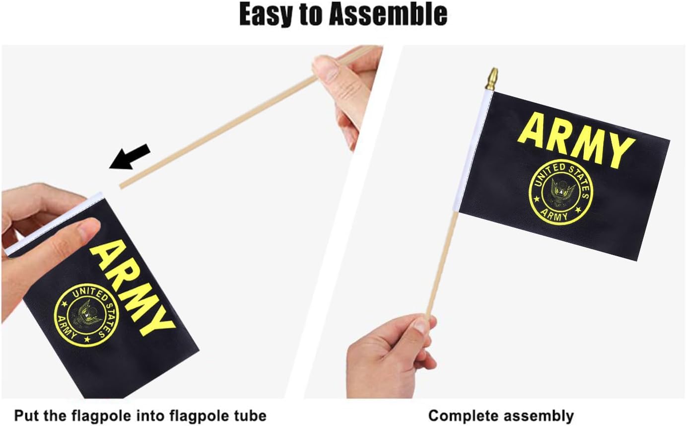 12Pcs Small USA Gold Crest Flags on Wooden Stick Mini Military Flag Hand Held Flag Decorations,5x8 Inch