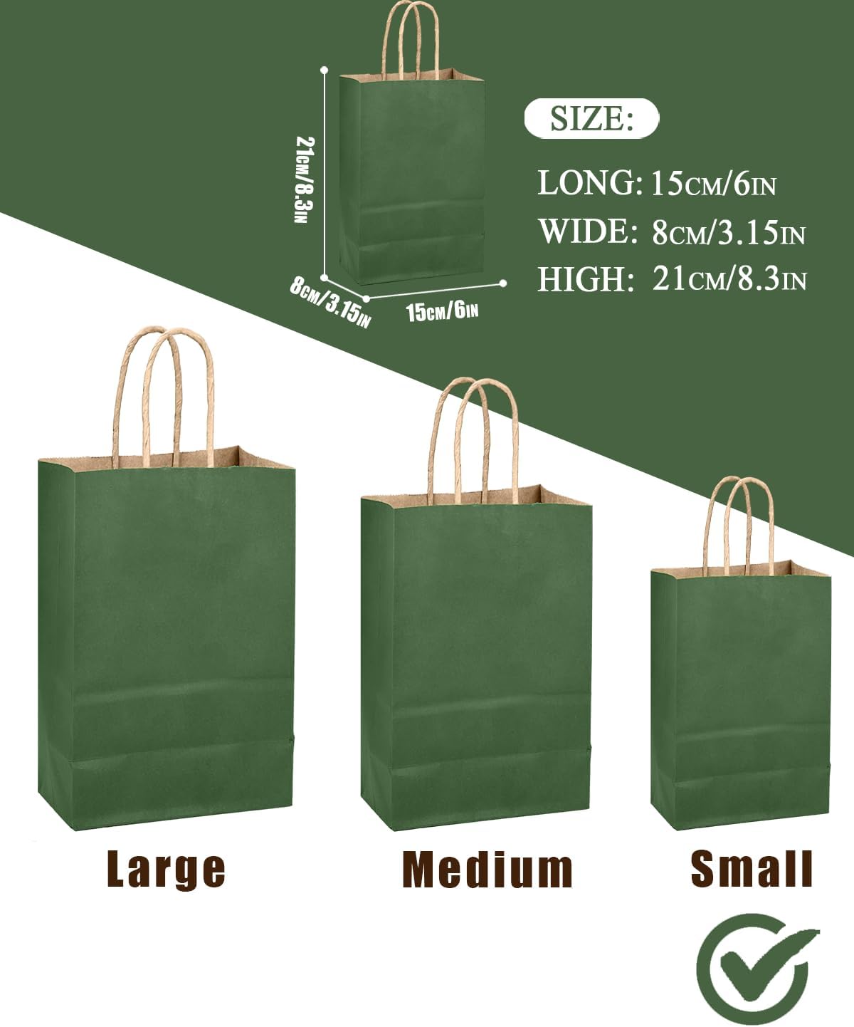 qiqee Dark Olive Green Gift Bag with Handles Bulk 24Pcs Paper Bags -8.3"x6"x3. 15" Party Favor Bags - Solid Color
