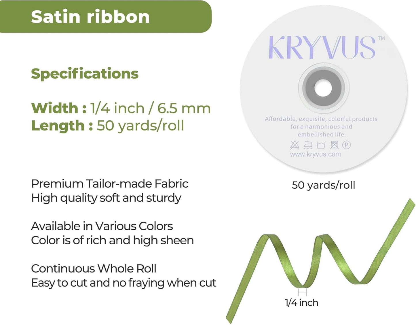 Olive Green Satin Ribbon 1/4 inch X Continuous 50 Yards, Single Face Polyester Ribbon Perfect for Gift Wrapping, Flower Bouquet, Wedding Decor, Crafts, Bow Making, Sewing and More