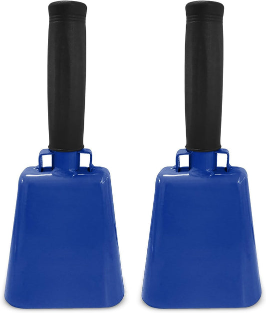 Deke Home - 2 Pack 7 Inch Steel Cowbells with Handle, Loud Noise Makers for Football, Sports, Parties, Competitions, School Spirit & Safety, Large Hand Bell for Cheering & Percussion Instrument