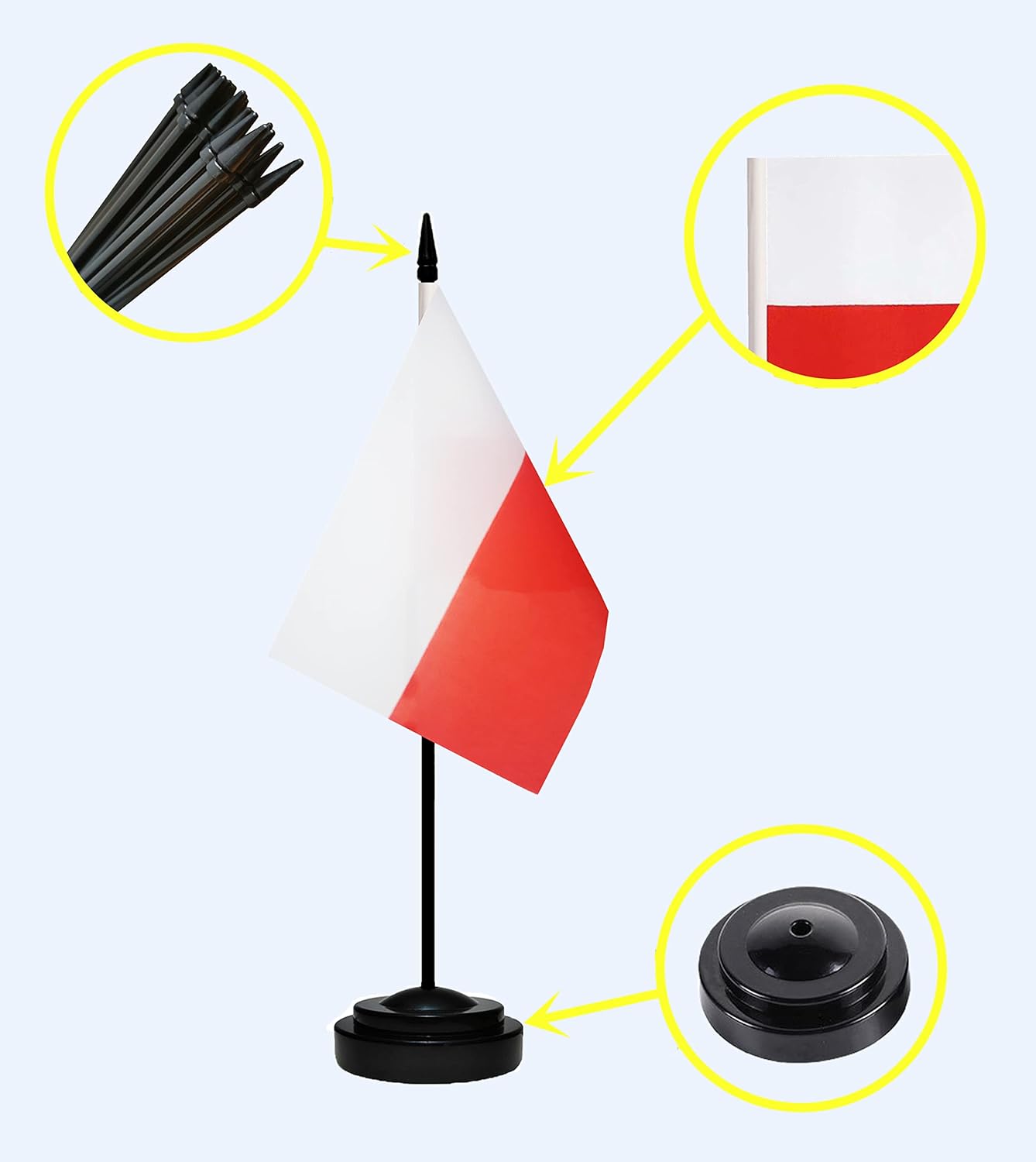 Poland Poles Deluxe Desk Flag Set Small Mini Miniature Poland Poles Table Desktop Flags With Solid Pole, Black Base and Spear Top (2 Pack)