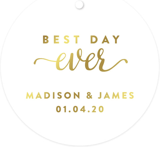 Andaz Press Personalized Round Circle Wedding Gift Tags, Metallic Gold Ink, Best Day Ever, 24-Pack, Custom Made Any Name
