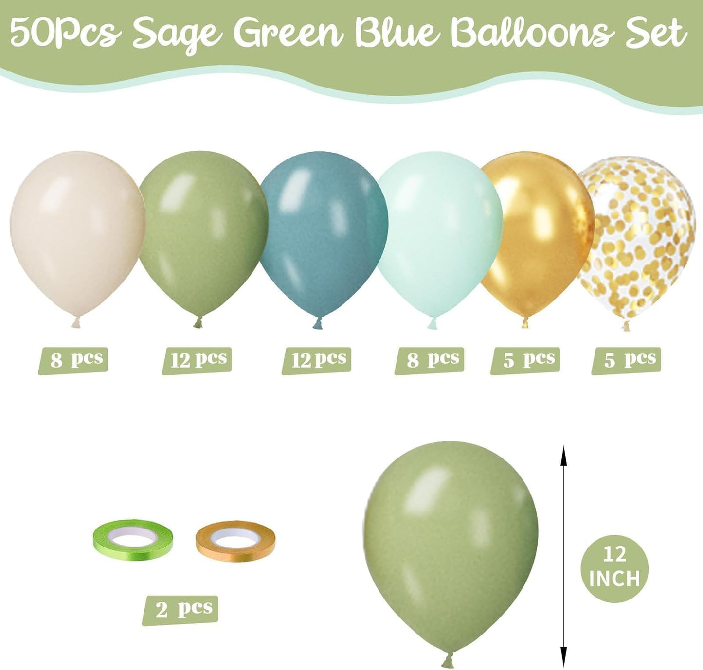 Paready Sage Green and Dusty Blue Balloon Set, 50Pcs 12 Inch Metallic Confetti Gold Apricot Balloons for Safari Birthday Party Bridal Shower Decorations