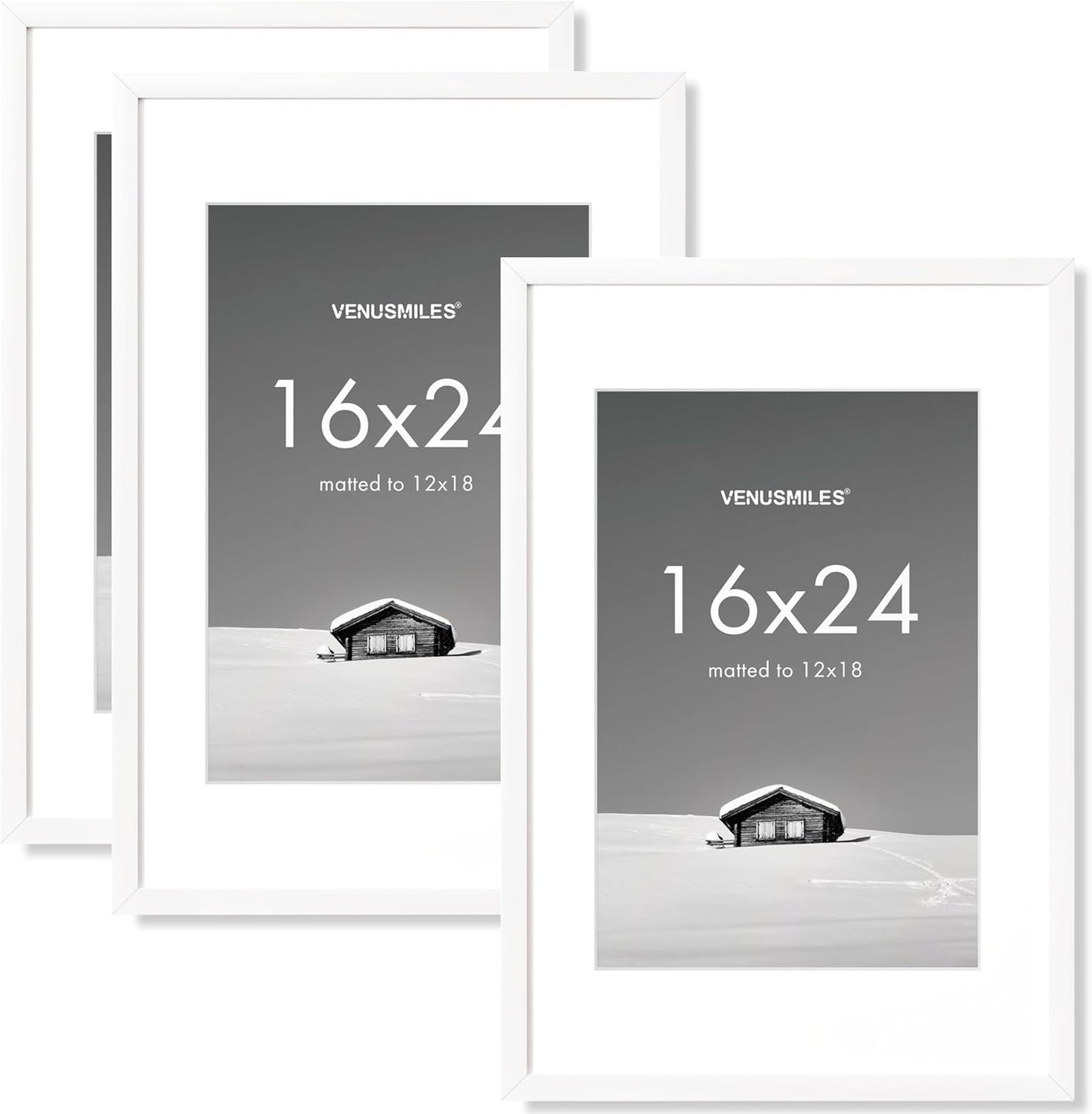 16x24 inch Picture Frame, 16x24 Photo Frames with 12x18 Removable Mat - High Definition Plexiglass - Vertical and Horizontal Display - Wall Hanging Poster Frame - White, 3 Pack