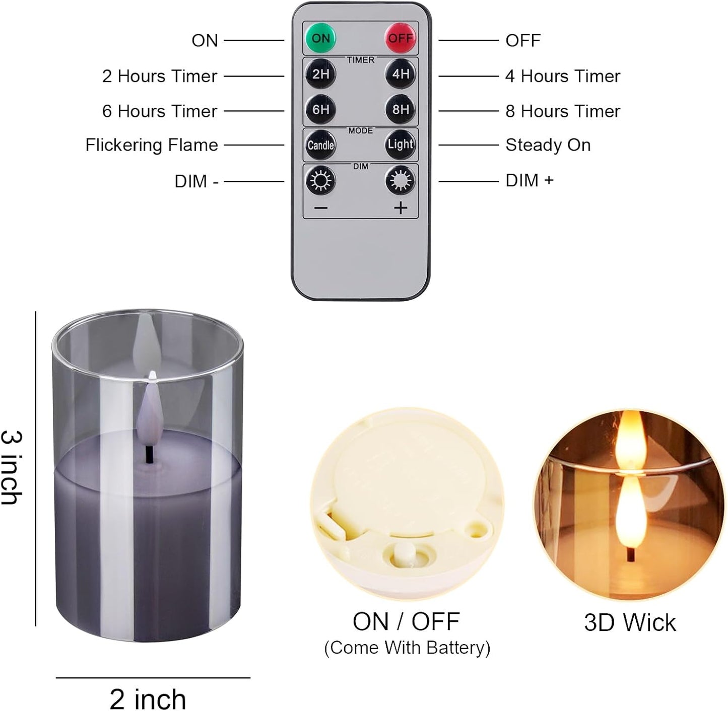 6Pack Glass Flickering Flameless Candles with Remote, 2"X3" Real Wax Votive Candles Battery Operated, Small Electric LED Candles for Wedding Home Decor, w/4 Timers+2 Lighting Modes [Gray]