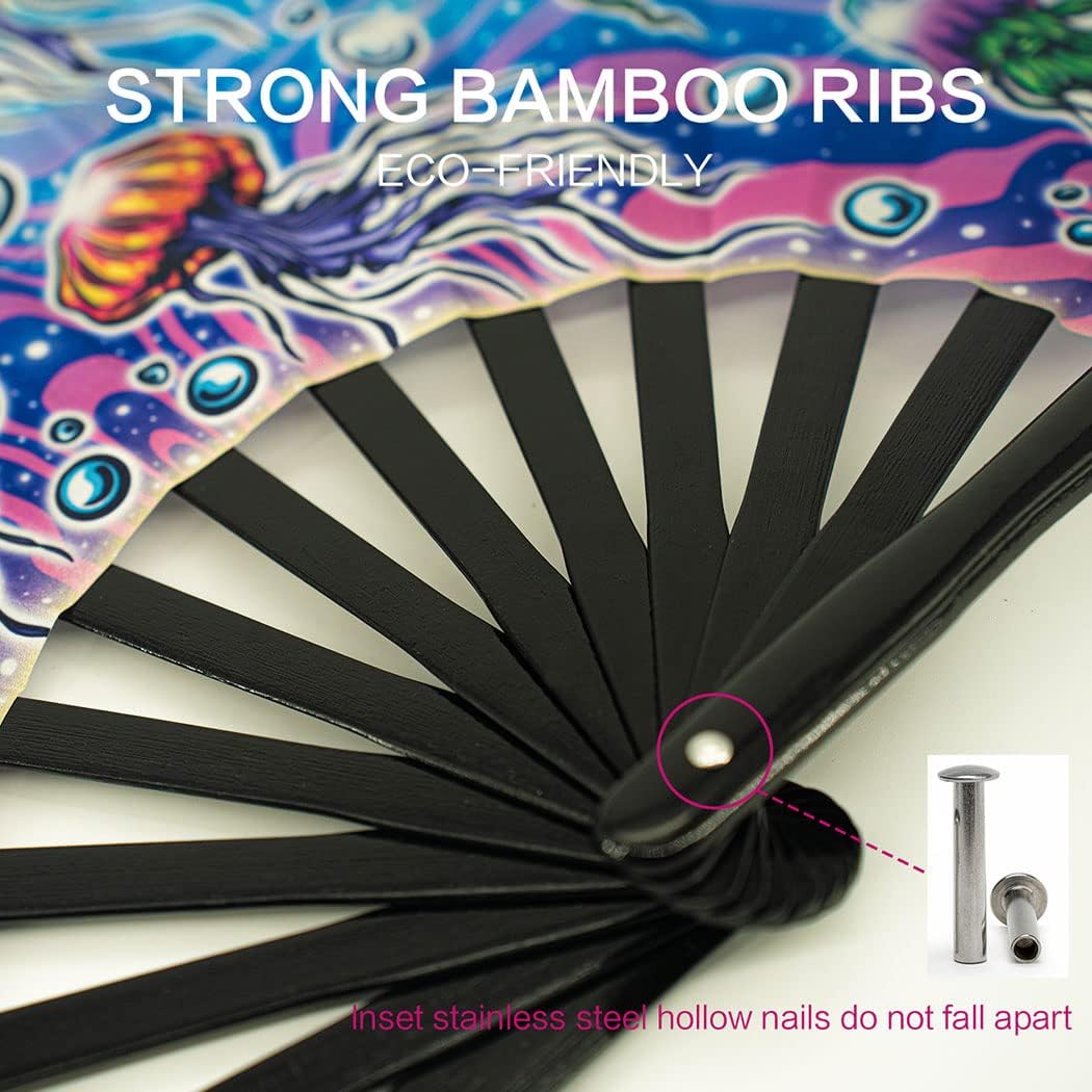 13" Large Rave Fan Bamboo, Folding Clack Hand Fans Foldable for Men Women, Boots on the Ground Poping Fan for EDM Festival Line Dance Decoration, (Jellyfish, Large 13")