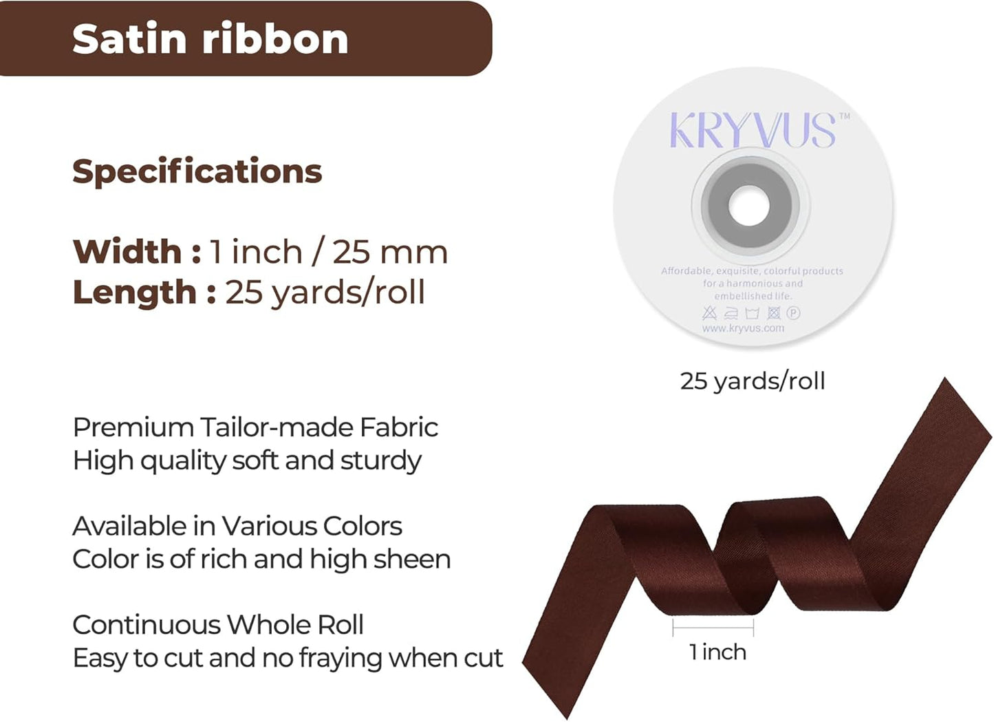 Dark Brown Satin Ribbon 1 inch X Continuous 25 Yards, Single Face Polyester Ribbon Perfect for Gift Wrapping, Flower Bouquet, Wedding Decor, Crafts, Bow Making, Sewing and More