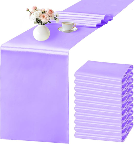 SHEJIZE 10 Pack Lavender Satin Table Runner 12x108 Inches Long, Bright Silky Smooth Satin Table Runner Table Decor for Wedding Banquet Christmas Prom Event Birthday Party