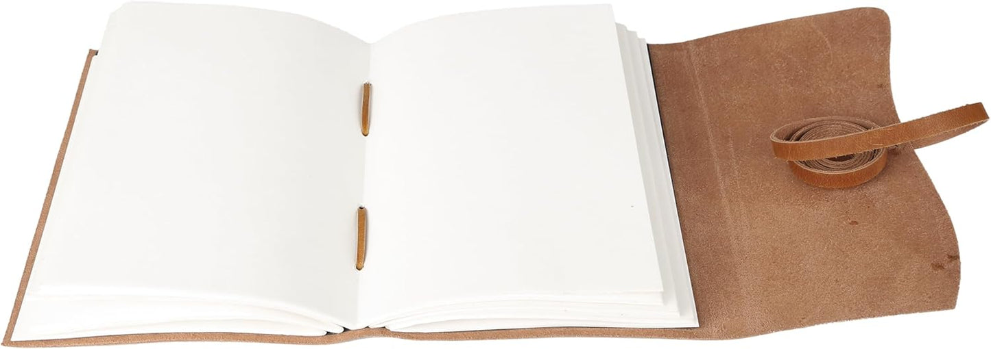 KomalC Tan Handmade Leather Journal | 8x6 Inch Vintage Writing Notebook Unlined Pages | Rustic Non-Refillable Sketchbook for Travel, Art, Notes, Gifts