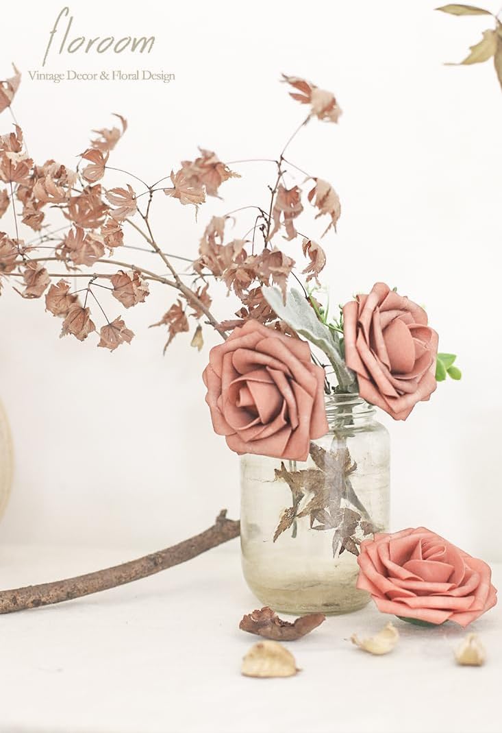 Floroom Artificial Flowers 25pcs Real Looking Dusty Pinky Cedar Foam Fake Roses with Stems for DIY Wedding Bouquets Bridal Shower Centerpieces Floral Arrangements Party Tables Home Decorations